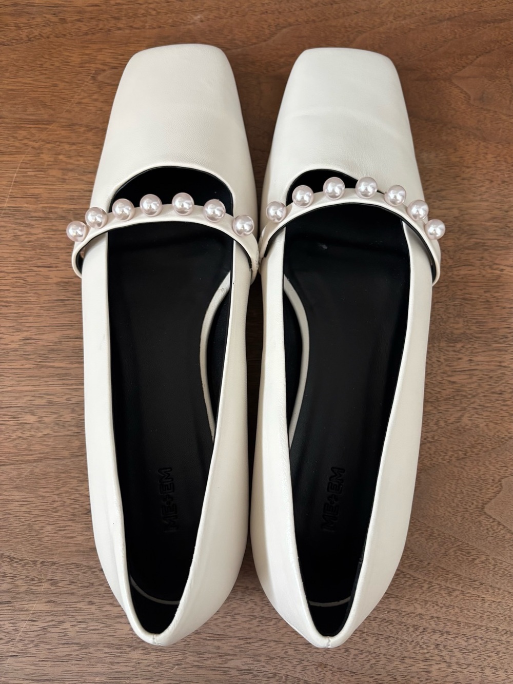 ME+EM Off-White Faux Pearl Square Toe Ballerina Flats Size 40